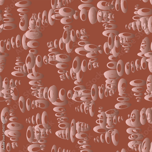 Seamless pattern with torus-shaped beige volumetric figures on a terracotta background. Vector illustration for your design in an abstract style. for unique designs.