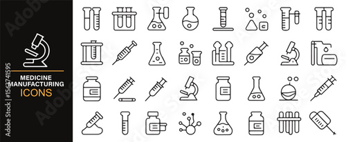 Set of medical and pharmaceutical icons including syringes, test tubes, flasks, and microscopes for healthcare design projects.