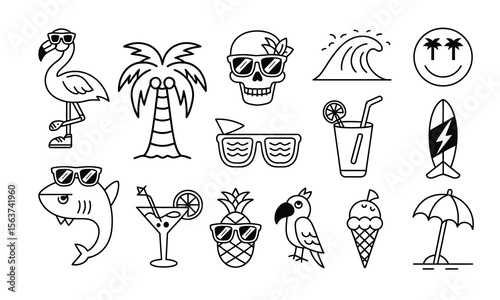 Playful Tropical & Retro Summer Line Icon Pack – Monochrome Style