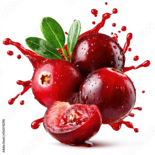 Fresh Cranberries Splashing Juice Explosion Healthy Red Berries Isolated on White Background