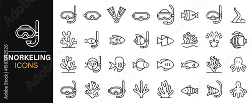 Snorkel Mask and Marine Animals in Simplified Black and White Art