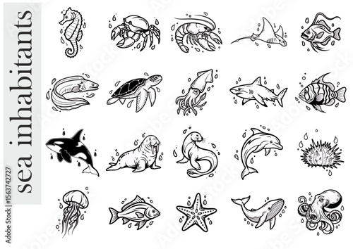 Illustrative icons of sea inhabitants in a sketch style 