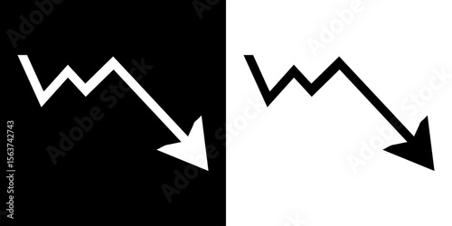 Down trend black and white zigzag arrow chart graph representing loss
