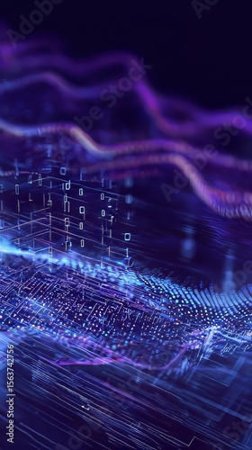 Neon Data in Cyber Space: Abstract Tech Visuals with AI Patterns & Purple Hue