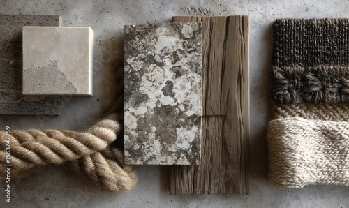 raw natural interior materials, stone, clay, woven fibers, earthy palette, biophilic design