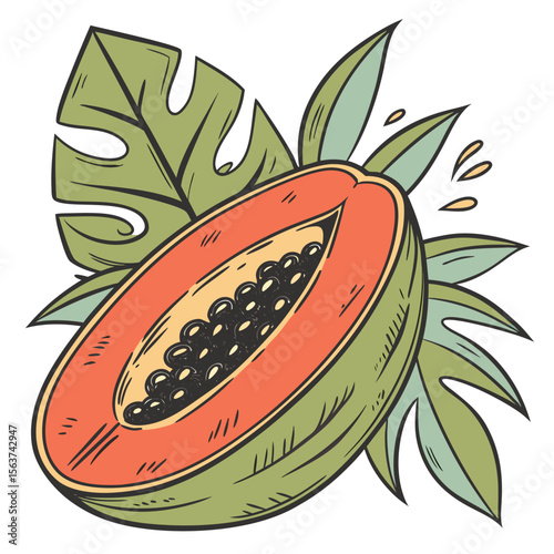 Fresh food vector illustration set featuring ripe melon and mango with leaves