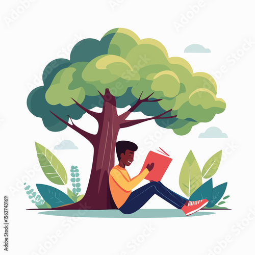 Cartoon man reading under a tree