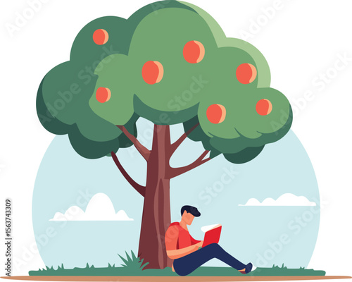 Person reading under a fruitbearing tree in daylight sitting on the grass
