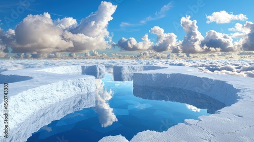 Glacial Landscape with Ice Formations and Reflective Water Under a Blue Sky