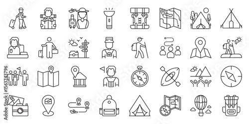 Adventure Tourism Destinations set of web icons in line style. adventure tourism, travel adventure spots, tourist adventure places and extreme destinations. Vector illustration.