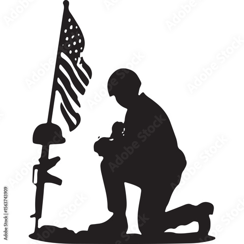 Silhouette of a kneeling man with a cross, ideal for memorial patriotic designs