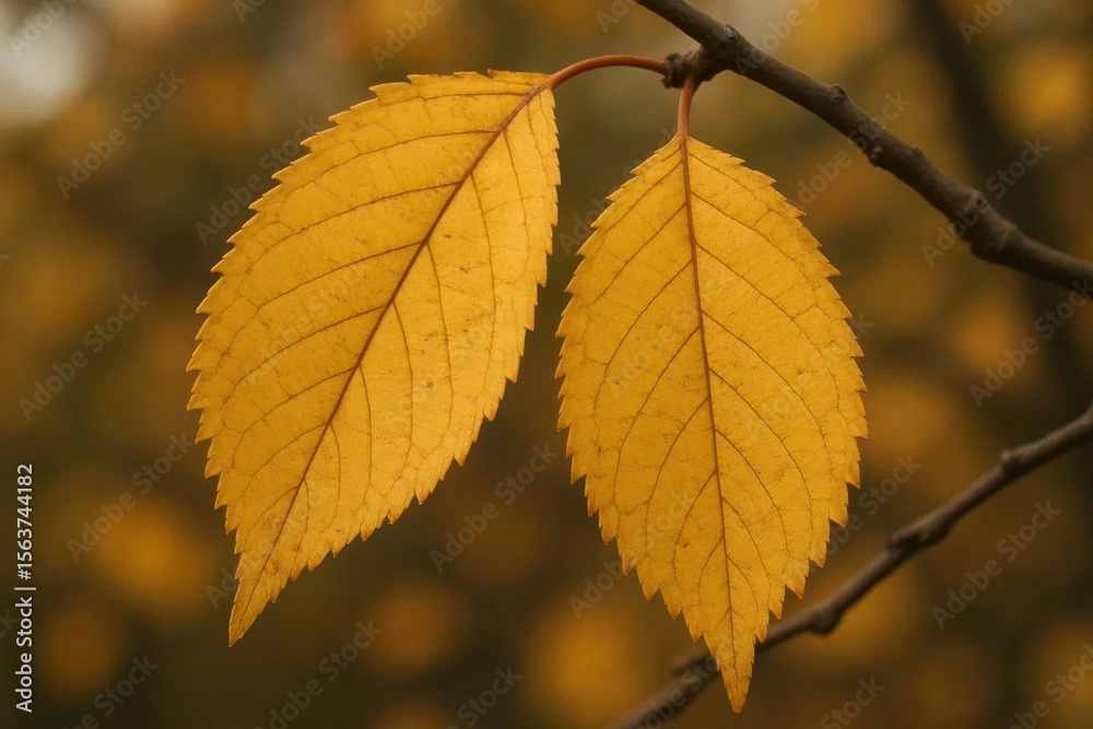 Obraz premium A close up of two yellow leaves on a tree branch