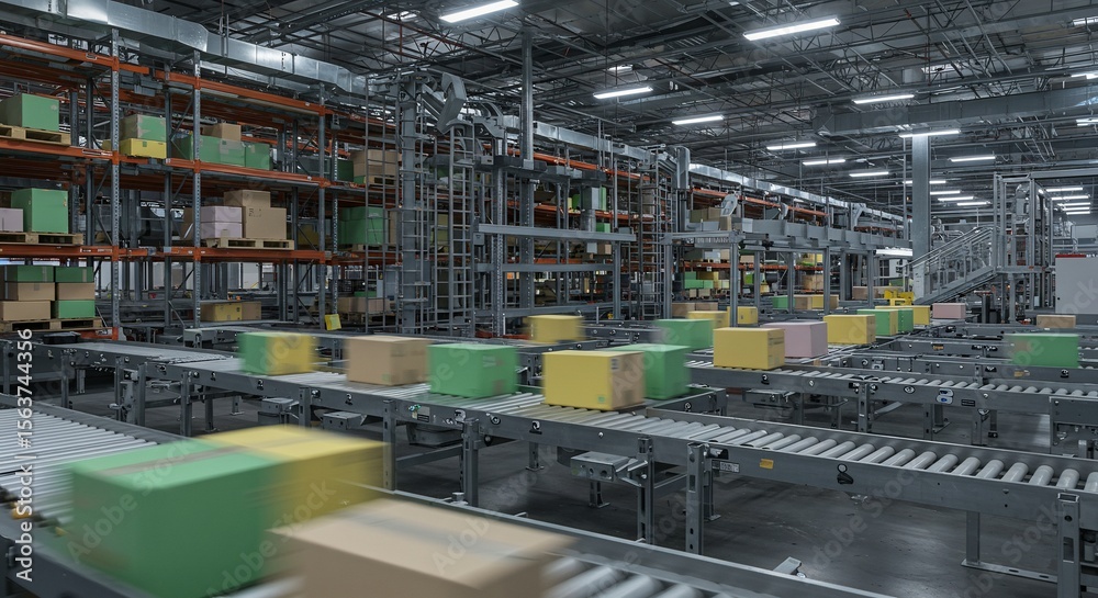Fototapeta premium Automated Warehouse Conveyor System with Moving Boxes