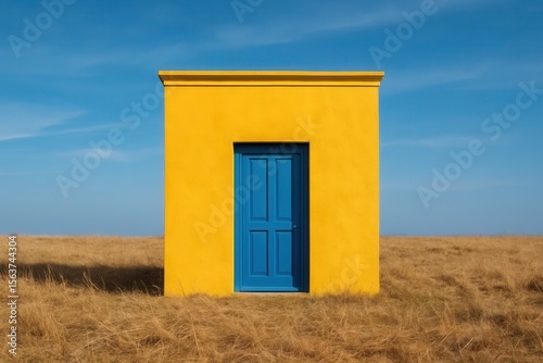 A yellow building with a blue door in the middle of a field