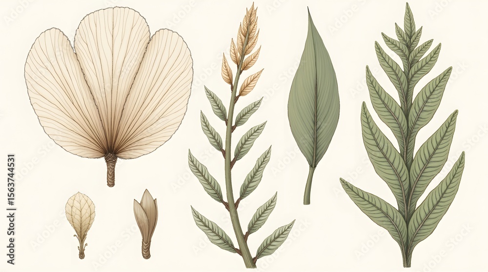 Fototapeta premium An elegant set of botanical illustrations featuring various leaves and a seed pod. Delicate line art style, perfect for sophisticated nature-themed designs.