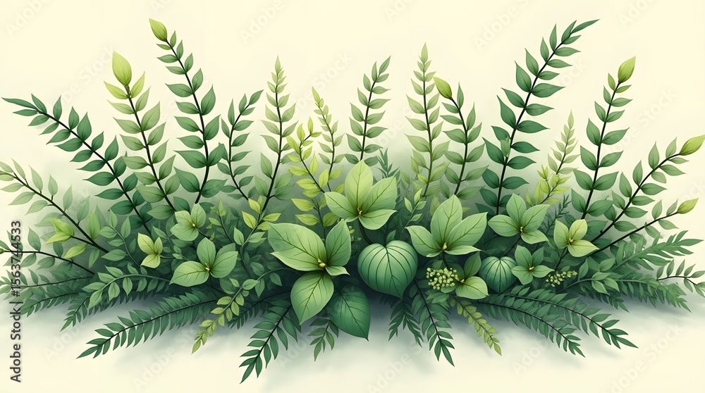 Naklejka premium A lush arrangement of various green ferns and foliage. A dense, natural background representing a forest floor, jungle, or abundant plant life.
