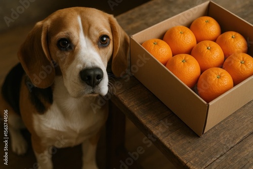 A dog sitting next to a box of oranges on a table