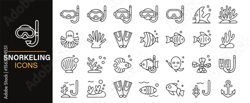 Black and White Snorkeling Icon Collection for Water Sports