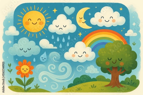 A cartoon illustration of a sunny day with clouds, sun, moon, and a rainbow