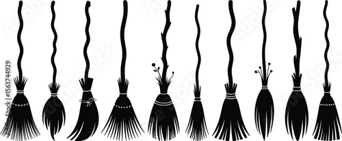 Witch Broomstick Silhouettes Set, Curved Handle Halloween Clipart Bundle.


