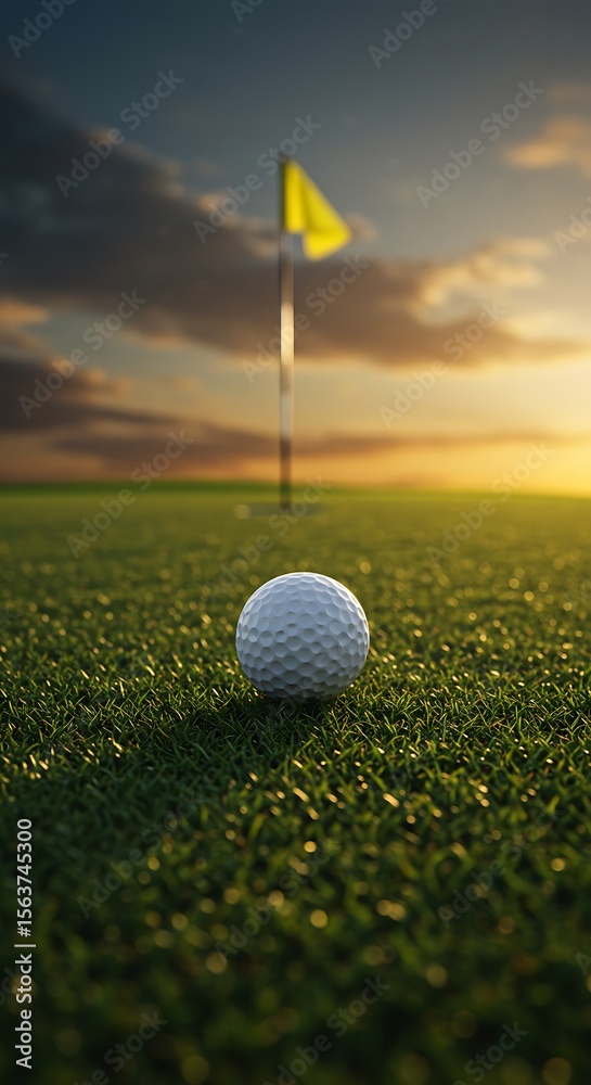 Obraz premium Sunset Golf A Golf Ball on the Green Awaits the Final Putt
