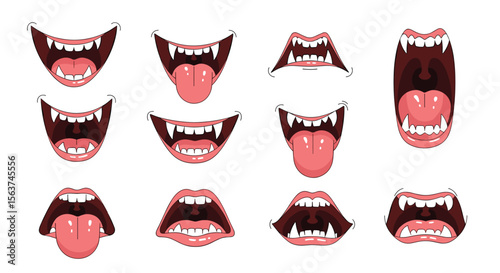 Collection of Grotesque Fanged Mouths with Open Lips and Extended Tongues Expressing Various Emotions and Actions