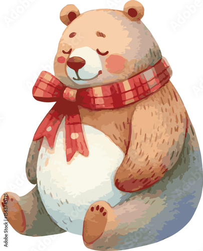 Vector watercolor painted illustration of a cute cartoon character bear with scarf