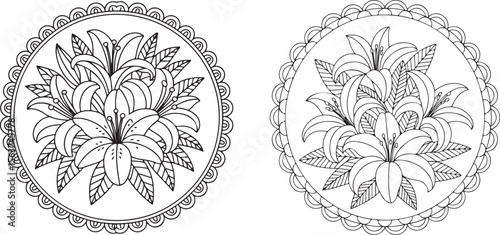 Dual Circular Lily Bouquet Embroidery Line Art
