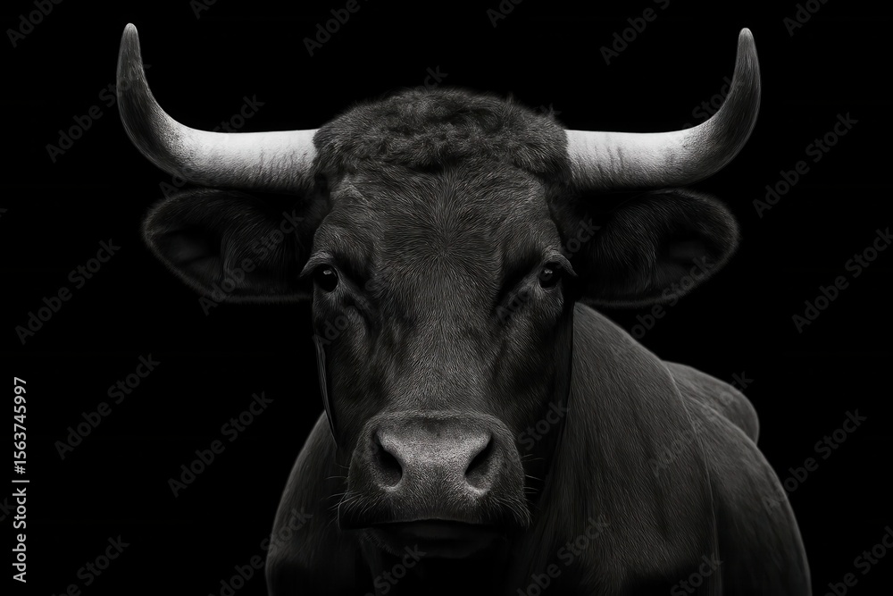 Naklejka premium A black and white photo of a bull with large horns