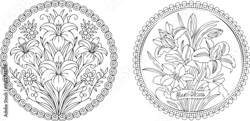 Dual Circular Lily Bouquet Embroidery Line Art