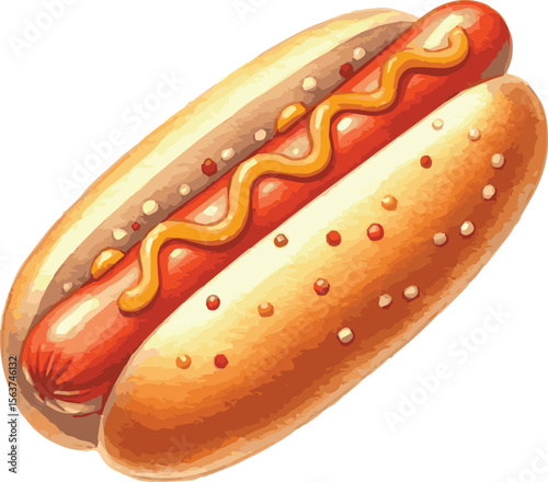 Vector watercolor painted illustration of a hot dog