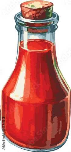Vector watercolor painted illustration of ketchup tomato sauce