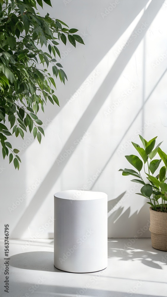 Fototapeta premium A white cylindrical pedestal stands in a bright minimalist room. Green plants cast shadows on the white wall, creating an ideal clean display background.