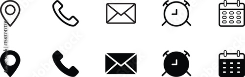 Set of Phone, Email, Location, Time, Clock, Date, Calendar icons . web and contact icon set . vector illustration . 