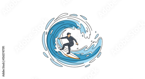 Surfer riding a massive wave in a dynamic cartoon illustration showcasing extreme sports and ocean adventures