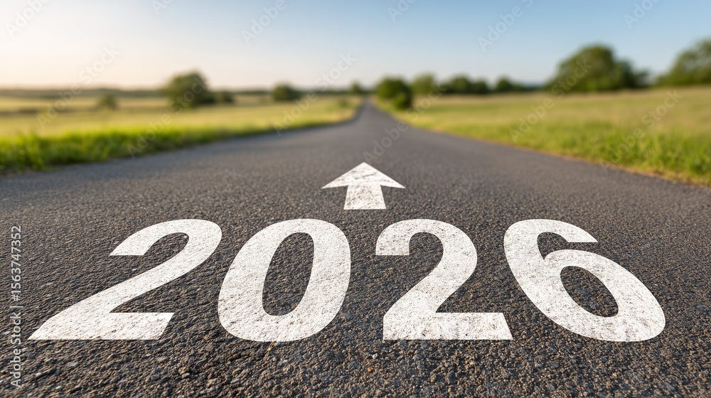 Obraz premium New Year 2026. Road to 2026. An asphalt road with “2026” and a white arrow forward symbolizes progress, planning for the future, goal setting and new beginnings 