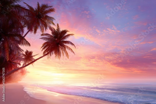 Sunset beach scene with palm trees tropical island digital artwork serene environment wide angle nature beauty