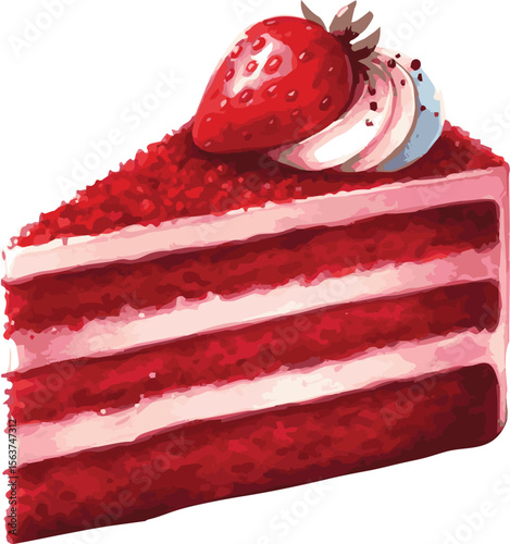 Vector watercolor painted illustration of a piece of red velved cake 
