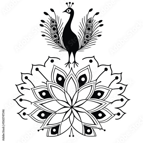 vector art of a majestic peacock standing above an abstract floral design black and white floral ornament