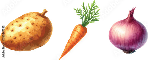 Collection of vector watercolor paninted potato, carrot and onion