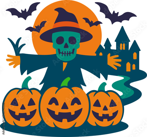 Halloween scarecrow with skull face, hat, bats, castle and carved pumpkins 