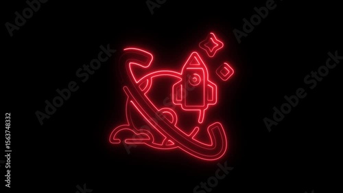 Animated Neon Space Exploration Icon Rocket Ship Planet Stars Glowing Red Outline on Black