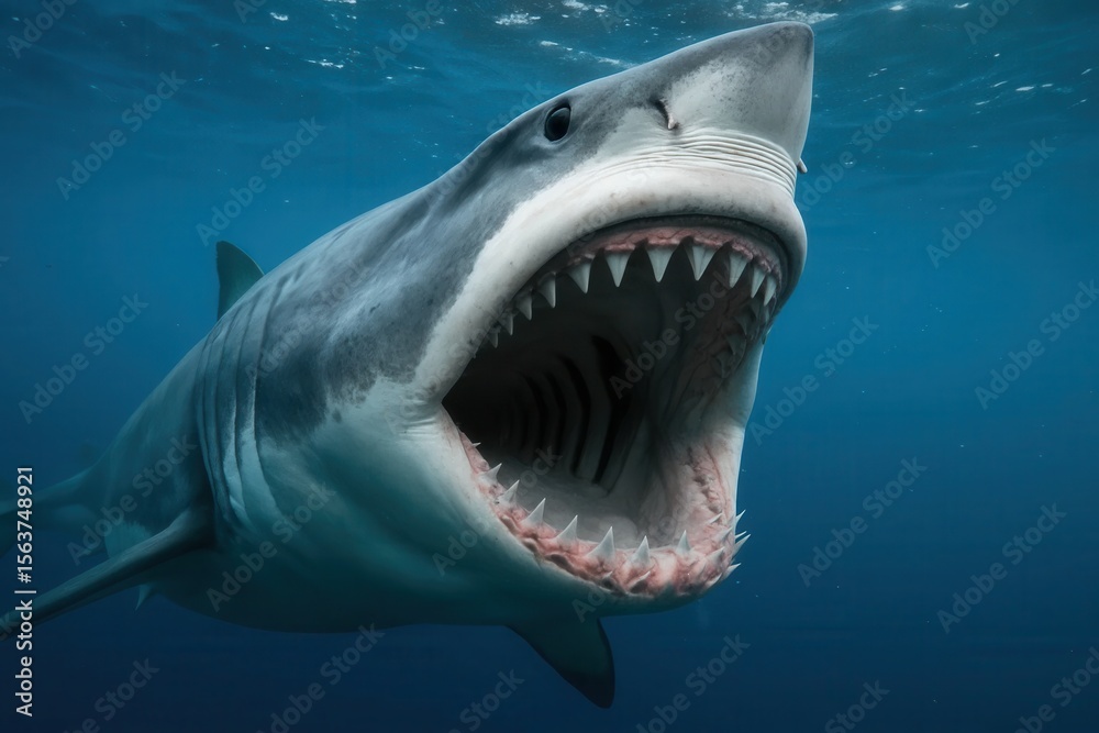 Obraz premium A great white shark with its mouth open in the ocean