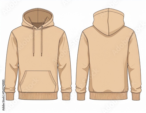 Brown Hoodie Mockup for Product Design - T-shirt Template for Logo Placement and Branding - Technical Outline for Hooded Vest for Apparel and Merchandise - Print File for Front and Back - Clothing