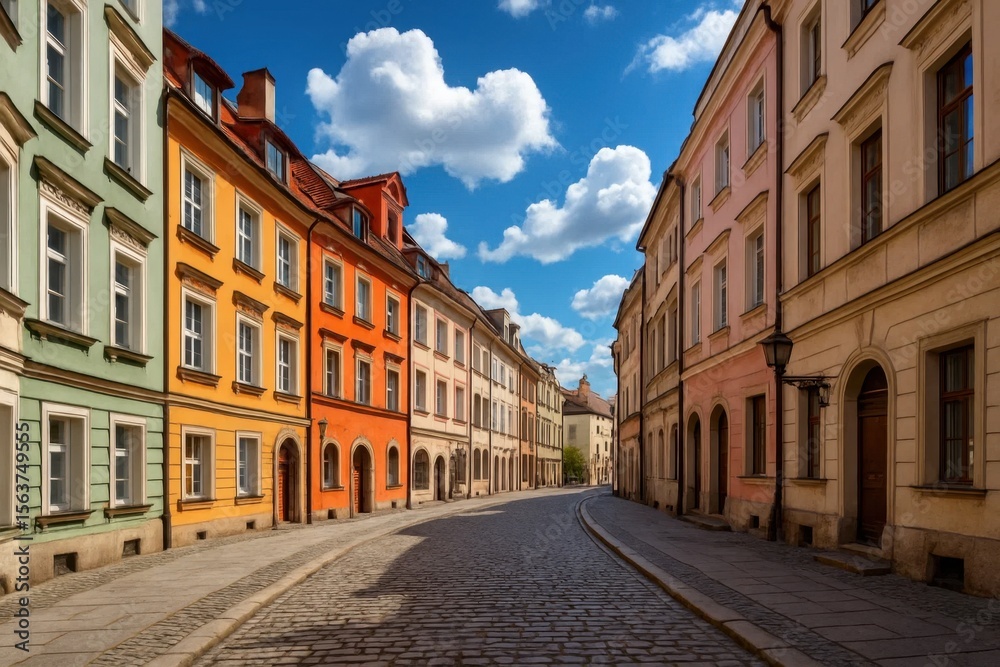 Naklejka premium A cobblestone street lined with colorful buildings under a blue sky