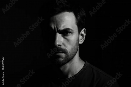 A man in a black shirt is staring at the camera