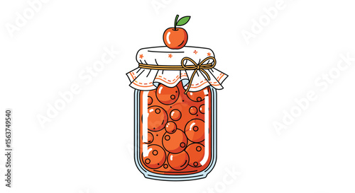 Adorable Homemade Apple Jelly Jar Illustration with a Sweet Apple Topped with a Green Leaf and Tied with a Bow