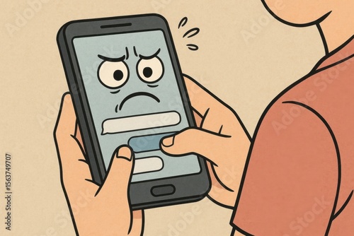 A person holding a cell phone with a sad face on the screen