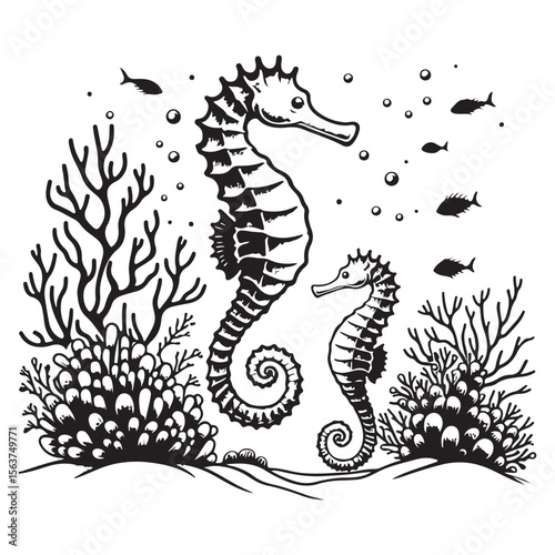 Seahorse swimming among coral reefs on the ocean floor vector image.