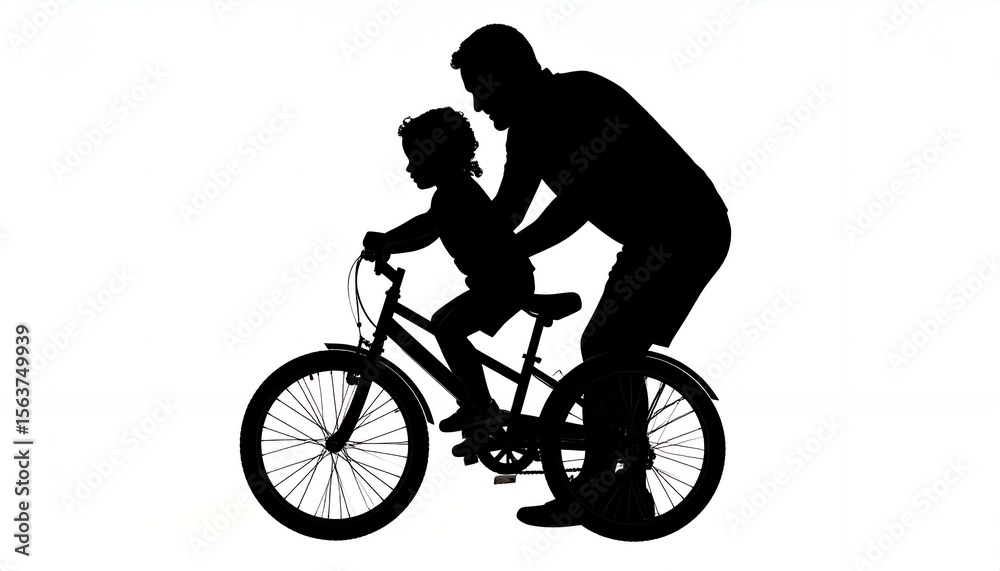 Fototapeta premium Silhouette of a father teaching his child to ride a bicycle, a heartwarming scene of learning and support, set against a clean white background.